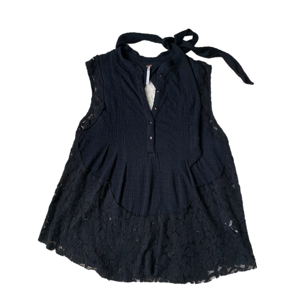 Free People Boho Black Sleeveless Lace Button Blouse with Tie Women’s Small